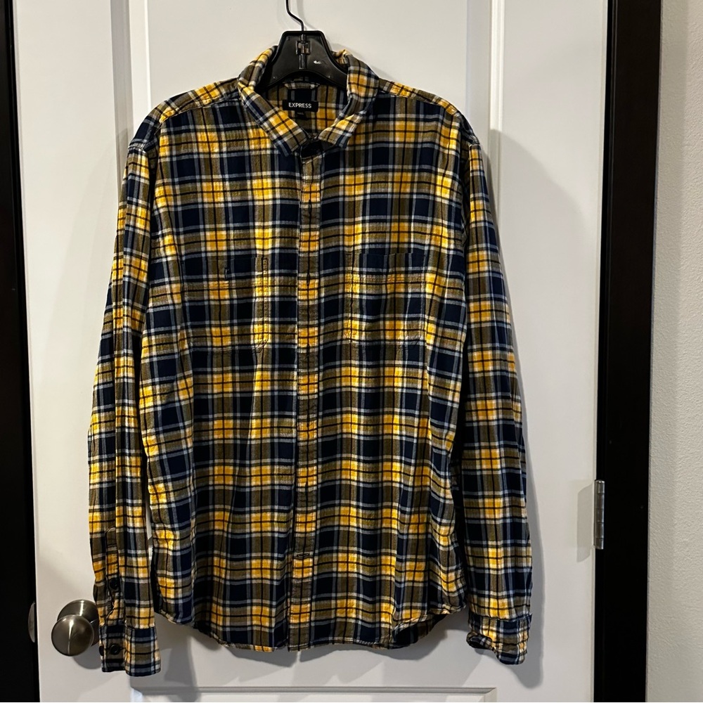 Express Men’s Plaid Button-Down Shirt Yellow & Blue Size XL – Fall Casual